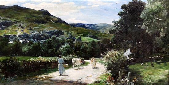 John Robertson Reid (1851-1926) Cattle drover at Luss, Loch Lomond 16 x 30in.